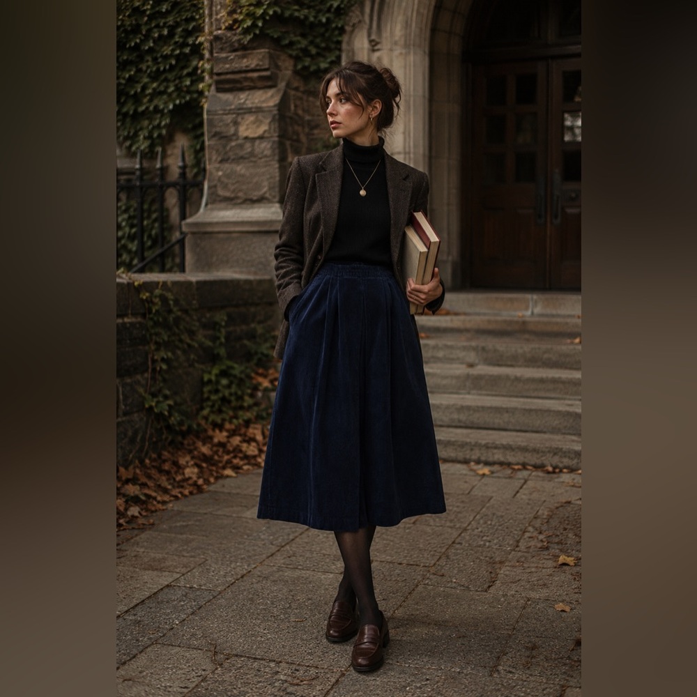 Vintage 80s 90s Tabi Navy Corduroy Pleated Midi Skirt High Waist 24" Size 8